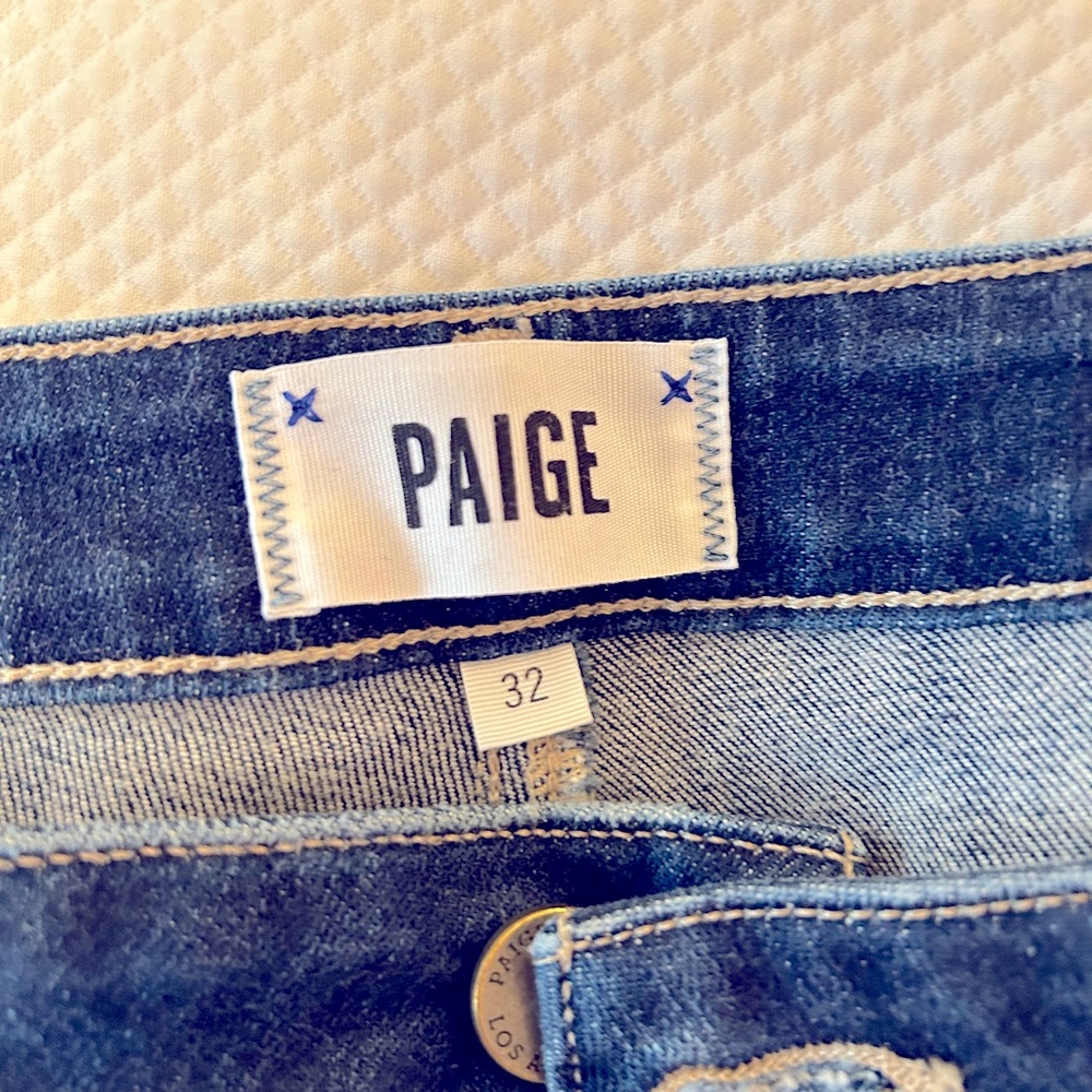 Paige dark wash straight leg, ankle length, mid-high rise denim, size 32